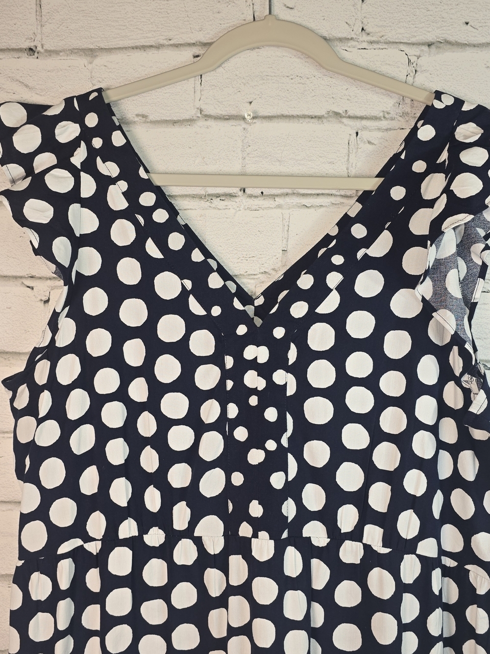 LOFT NAVY WHITE POLKA DOT TIERED RUFFLED DRESS V-NECK MIDI LENGTH NWT WOMENS L - Picture 7 of 11